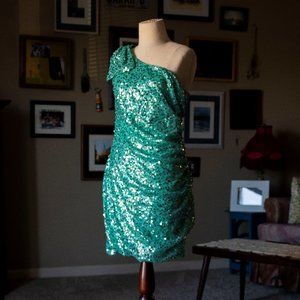 Teal Sequined One-Shoulder Dress